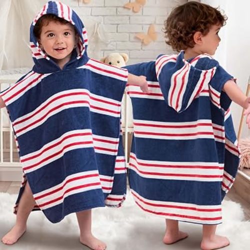 Toddler Hooded Poncho Towel 2‑4Y,100% Cotton, Navy‑Red Stripe