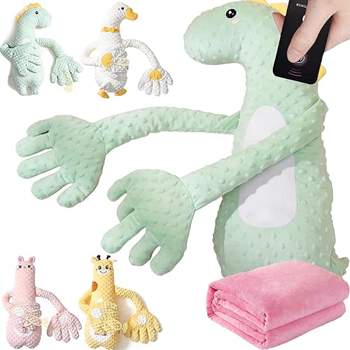Companion Plush Toy, Animal Shaped Soothing Pillow, Automatic Patting Hand, Soft and Comfortable, with Remote Control/Three Modes/Heated/Detachable, Filled with Red Beans (Dinosaur)