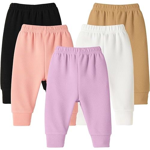 DREAM BUS 5 Pack Baby Girl Pants Toddler Girls Sweatpants Newborn Solid Jogger Pants Fall Baby Girl Waffles Leggings