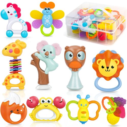 TOY Life 10PCS Baby Rattles Toys Teether Rattles- Rattle Teething Toys for Babies- Grab Shaker and Spin Rattle for Babies - Baby Chew Toys for 0 3 6 9 12 Month Newborn Infant Baby