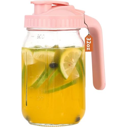Mason Jar Pitcher With Lid and Spout, 32 OZ Glass Milk Pitcher for milk, Thick Glass Jug Sun Tea Pitcher, Drinks Container, Mason Jar Pour Spout Lid with Wide Mouth for Fridge(1Pack,Pink)