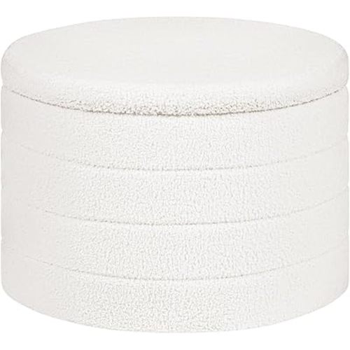 22 Inch Round Boucle Ottoman with Storage, Sherpa Teddy Fabric Ottoman Footstool, Folding Storage Foot Rest for Bedroom, Living Room Dorm, White