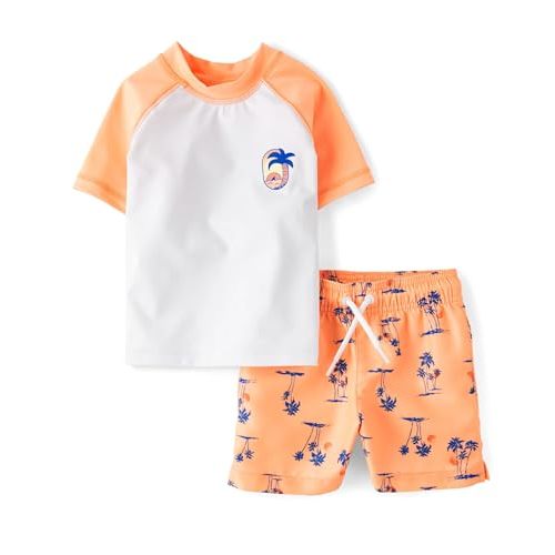 The Children's Place Boys' and Toddler Short Sleeve Rashguard and Swim Trunks, 2 Piece Set