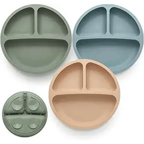 Eascrozn Toddler Plates 3 Pack, Divided Suction Plates for Baby, 100% Food Grade Silicone Baby Plates, Non-Slip, Baby Led Weaning Supplies, Microwave & Dishwasher Safe
