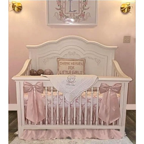 Girl Baby Bedding, Petal Pink Crib Skirt with Sculptured Bows and Long Sashes! Free shipping!