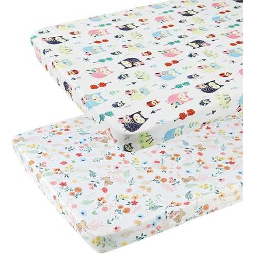 Onacosht Pack n Play Fitted Sheets for Baby Girl 2 Pack Set Soft Jersey Knit Sheets for Mini Crib Mattress and Playard Mattress, Rabbit Floral and Owl Printing