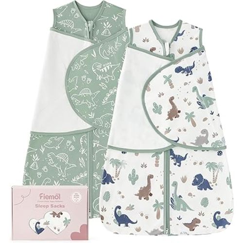 Baby Swaddle Sleep Sack 0-3 Months, Swaddles for Newborns Boy Girl, 3-Way Adjustable Infant Swaddle Blanket with Zipper & Detachable Wrap, 2 Pack Soft Snug Green Dinosaur