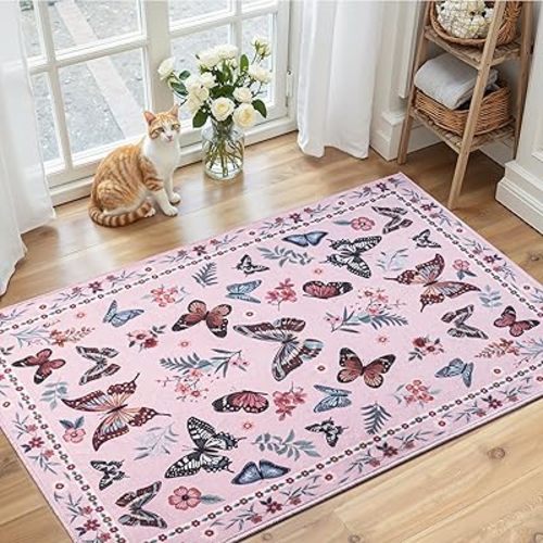 2x3 Pink Butterfly Washable Area Rugs, Non-Slip Low-Pile Floral Door Mat, Stain-Resistant Throw Rugs for Girls Bedroom, Living Room, Nursery, Dining Room, Kids Playroom, Home Decor