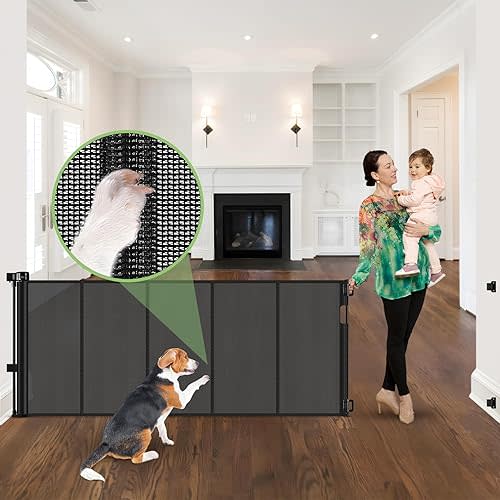 96 Inch Wide Reinforced Retractable Baby Gate with Support Rods, Extra Long Dog Gate Retractable Gate Outdoor Gates for Decks, Prevent Crawling Under Extra Long Baby Gates for Large Openings, Black