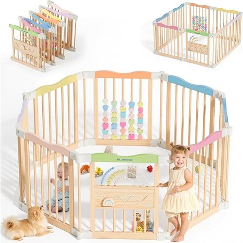 Foldable Wooden Baby Playpen, 45 x 45 x 24 inches, Pastel Dream, Colorful
