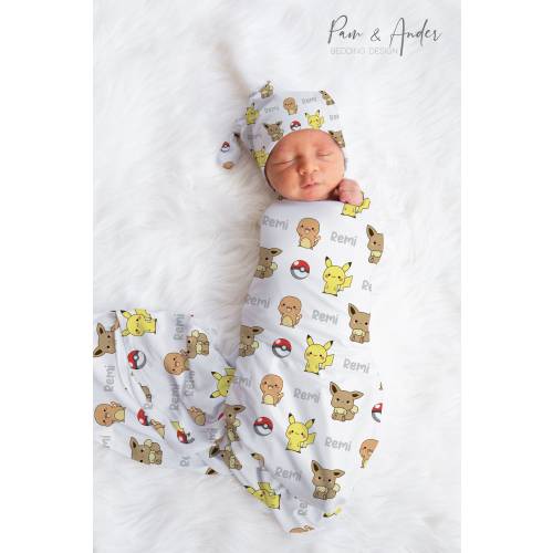 Poke Animals Swaddle Set, Baby Boy Swaddle, Poke Animals Nursery Set, Personalized Poke Baby Blanket, Gray