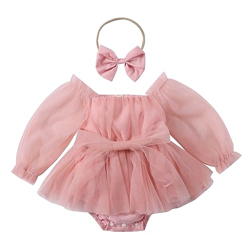 ODASDO Newborn Baby Girl Romper Dress Flower Embroidery Tutu Princess Long Sleeve One-Piece Bodysuit Cake Smash Outfit