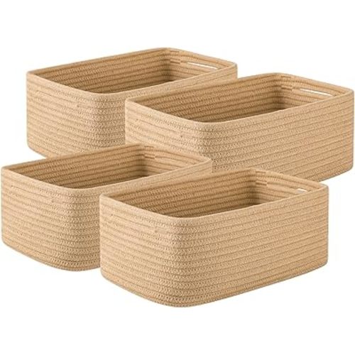 4 Pack Small Storage Shelf Baskets for Organizing, Mini Woven Rope Storage Bins for Towels, Cute Decorative Closet Organizer,Baby Nursery, Gift Empty Baskets -11.81''Lx7.87''Wx4.72''H-Jute
