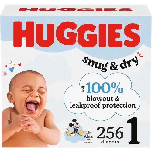 Huggies Snug & Dry Couches taille 1 pour nouveau-né, taille 1 (3,6 à 6,4 kg), 256 pièces (4 paquets de 64), l'emballage peut varier