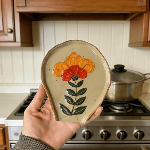 Vintage Ceramic Spoon Rest for Stove Top, Hand-Painted Floral spatula rest