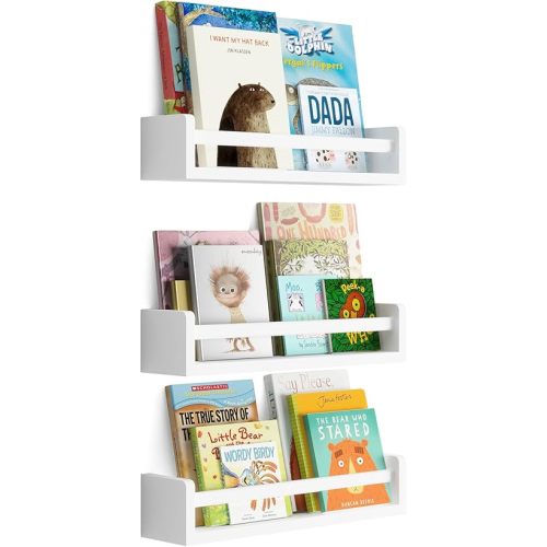 Brightmaison Nursery Book Shelves - Floating Wall Shelves – Baby, Kids, Nursery Wall Decor - Wall Mount Book Organizer Storage Ledge, Display Holder for Toys - Set of 3, Ships Assembled (White)