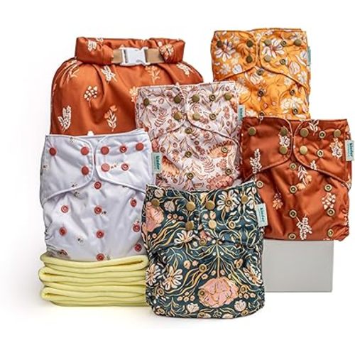 Kinder Cloth Diapers Reusable Baby Diapers Pocket Style Athletic Wicking Jersey, Bamboo Viscose Inserts, Wet Bag, Newborn to Potty Training 7-60lbs, One Size (Boho Florals, 5 Pack, with Inserts)