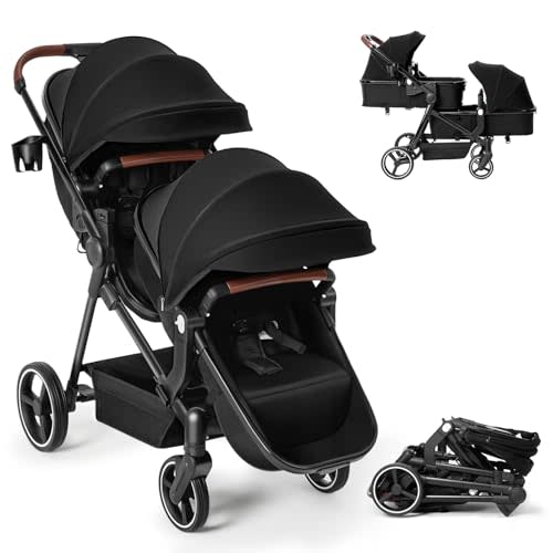 Double Stroller Newborn and Toddler, Foldable Tandem Twin Baby Travel Stroller, Storage Basket/Cup Holder, Adjustable Backrest, Reversible Seat, for 0-3 Kids