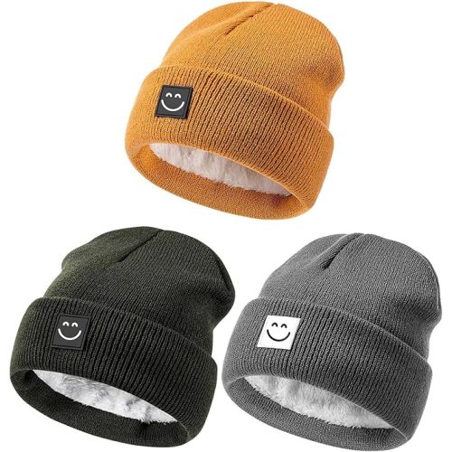 Hispeka Baby Beanie Hat 3 Packs with Cute Smiley Face, Toddler Girls Boys Baby Hats Winter, Kids Winter Hat Cold Weather