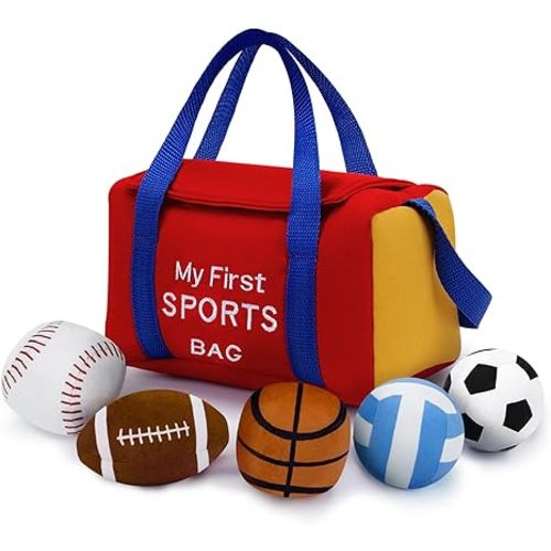 My First Sports Bag Plush, Baby Sports Toys Plushie with 5 Pcs Ball Plushy for Toddlers, First Birthday Gifts for Boys Girls