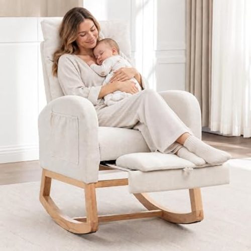 Modern Nursery Rocking Chair, Chenille Upholstered Glider Rocker, White