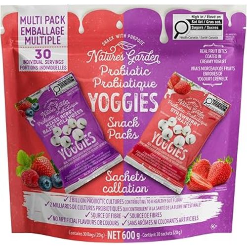 Nature's Garden Probiotic Yoggies Multi Pack, 21oz (Strawberry 15x0.7 oz + Mixed Berry 15x0.7 oz) Yogurt Covered Healthy Snack, High Fiber, Real Fruit Pieces, No Artificial Ingredients, for Adults