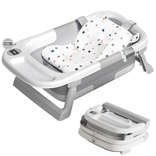 Collapsible Baby Bathtub,with Removable Soft Bath Pad&Storage Tray&Thermometer，Gift Bundle，Non-Slip Infant Shower Basin Newborn to Toddler 0-36 Months,Portable Travel Esencials Boy Foldable Tub,Gray
