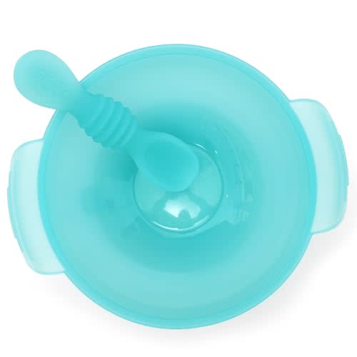 PrimaStella Silicone Baby Suction Bowl and Spoon Set - Toddler Grip Dish - BPA Free - Microwave and Dishwasher Safe (Sea Glass Clear Frosted)