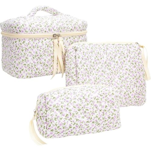 PAZIMIIK 3PCS Makeup Bag SET Large Travel Quilted Zipper Soft Cosmetic Case Pouch for Women Girls Make Up,Floral Purple