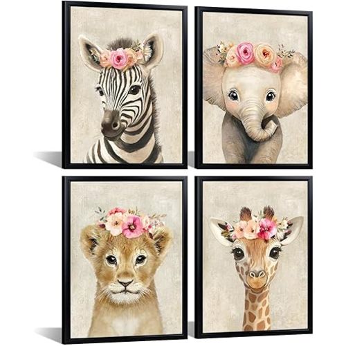 Canvbay Baby Safari Animals Wall Art for Nursery Decor Set of 4 Elephant Giraffe Lion Zebra with Flowers Pictures Jungle Theme Artwork Black Framed Prints for Girls Kids Bedroom