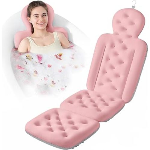 Luxury Bath Cushion, Full Body Bathtub Pillow with 160 Suction Cups, Bath Mat for Head and Neck Support, with Laundry Bag (Light Pink, 51" x 16")