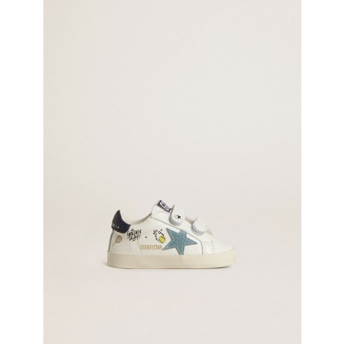 Baby School in white nappa with light blue suede star and tennis motif