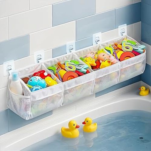 Bath Toy Storage Organizer - 4 Compartment Horizontal Large Openings Bath Toy Organizer for Tub, Capacity Upgrade Storage and Holder, Bathtub Toys Holder for Easy Access and Sorting of Toys