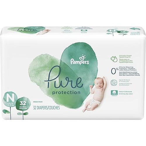 Diapers Newborn/Size N (>10 lb), 32 Count - Pampers Pure Protection Disposable Baby Diapers, Hypoallergenic and Unscented Protection, Mega Pack (Old Version)