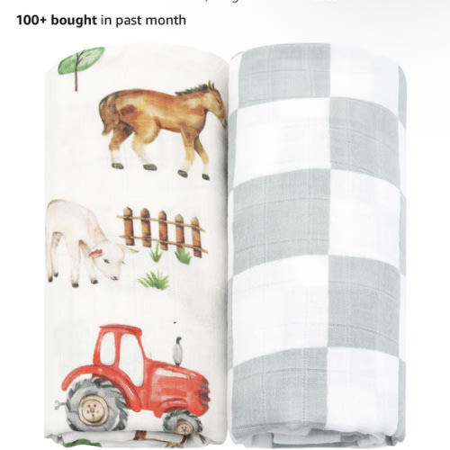 LifeTree Muslin Swaddle Blankets, Farm Animals Baby Swaddling Wrap Nursery Receiving Blanket for Boys & Girls, Soft 70% Viscose from Bamboo and 30% Cotton, Large 47 x 47 inches