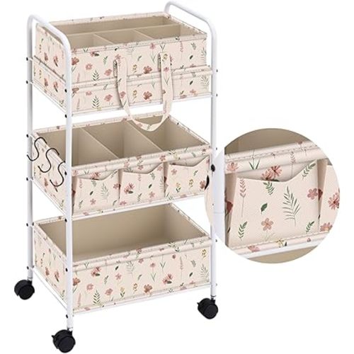 Yookeer 2in1 Baby Diaper Caddy Organizer Cart 3 Tier Large Capacity Metal Utility Bedside Rolling Cart with Divider Newborn Registry Gift Nursery Essential Must Have Bedroom Baby Shower(White,Flowers)