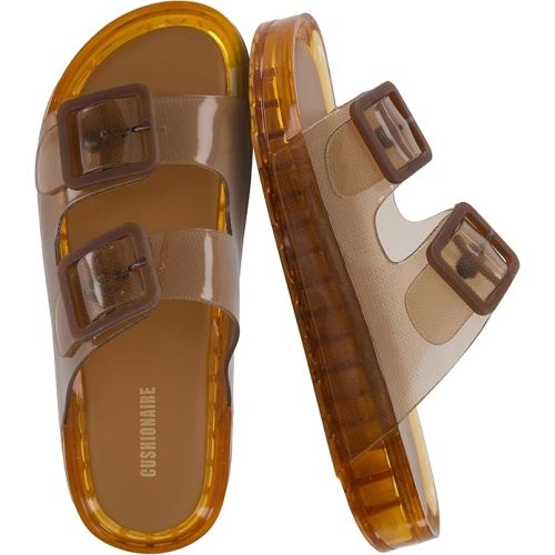 CUSHIONAIRE Pool Slides for Women Water Resistant Double Buckle Adjustable Slip-On Womens Sandals for Beach Shower Casual Wear
