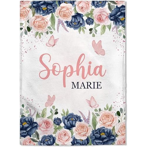 FLOCHIL Personalized Baby Blanket for Girls, Custom Baby Blanket with Name, Customized Floral Baby Blanket, Gift for Baby Shower, Toddler, Babies, Newborn
