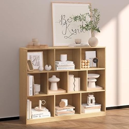 10 Cube Bookshelf with Base,Wooden Cube Storage Organizer,Open Shelf Bookcase for Bedroom, Living Room, Office, Study Room