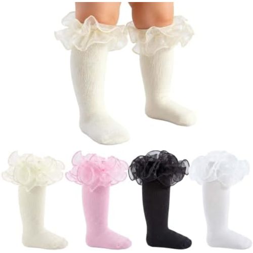 Baby Knee High Socks Girls Non Slip Long Socks Lace Ruffle Stockings for Newborn Infant Toddler Kids 0-8 Years Old