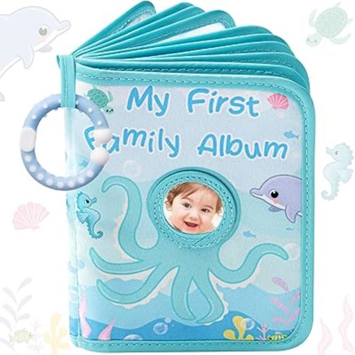 Motiskyy My First Family Album for Baby, Holds 17 4x6 Photos, Soft Toddler Photo Book with 2 Safe Mirror & Hanging Hook, Early Educational Memory Book Gift for Newborn Kids Baby Shower (Under The Sea)