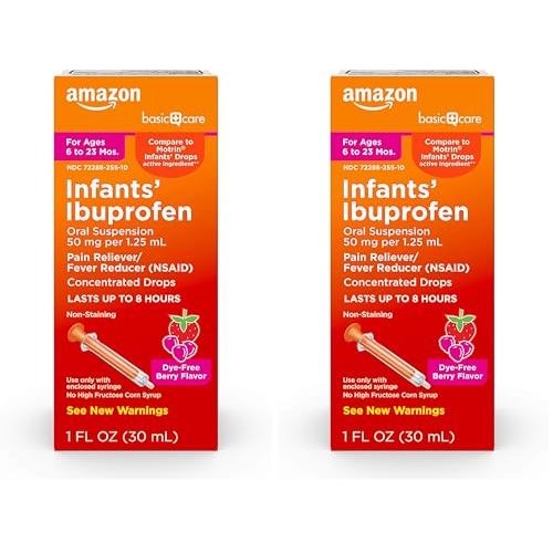 Amazon Basic Care Infants’ Ibuprofen Oral Suspension, 50 mg/1.25 mL, Berry Flavor Concentrated Drops, Dye-Free, 1 fl oz (Pack of 2)