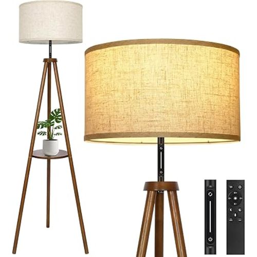 OUTON Wood Tripod Floor Lamp with Shelves, Mid Century LED Modern Dimmable Floor Lamp with Remote & Touch Control, Sturdy Tall Standing Lamp for Living Room, Bedroom, Office, Walnut