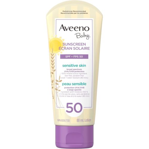 Aveeno Baby Mineral Sunscreen Lotion SPF 50-100% Naturally Sourced Zinc Oxide for Sensitive Skin - Water Resistant - 88 mL