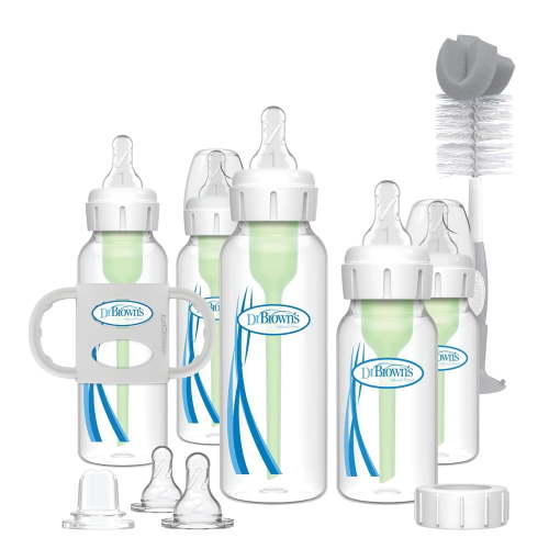 Natural Flow Anti-Colic Options + Narrow Bottle to Sippy Gift Set with Soft Silicone Sippy Spout, Removable Silicone Handles, Travel Cap and Bottle Brush