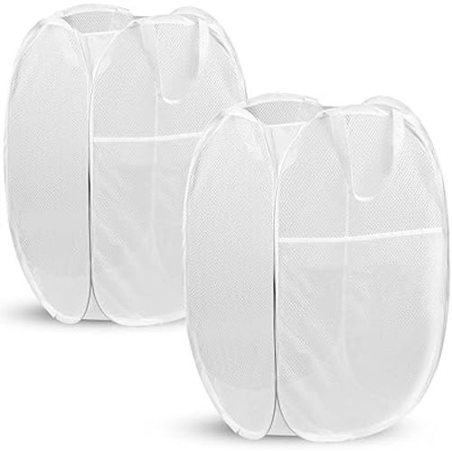 Pop Up Hamper, 2 PCS Mesh Pop Up Laundry Hamper, Foldable Mesh Laundry Basket with Space Saving Design for Home, Dorm, Travel and Storage, White