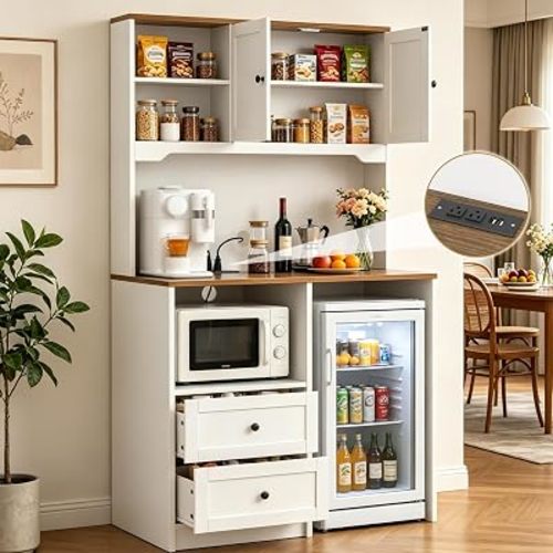 72" Kitchen Pantry Storage Cabinet with Fridge Space, Mini Fridge Cabinet with Charging Station, Large Pantry Cabinet with Drawers, Doors & Shelves, Kitchen Hutch with Microwave Stand, White