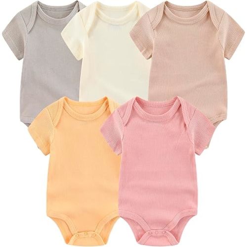 Newborn Baby Short Sleeve Bodysuit Cotton One-Piece Baby Clothes 5-Pack, 0-12 Months
