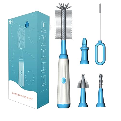 Electric Bottle Brush, Honboom Baby Bottle Cleaner, Rechargeable Waterproof Two-Speed Cleaning Mode Nipple Brush for Baby Bottles Pacifiers Straws Travel Bottle Brush Set (Blue)