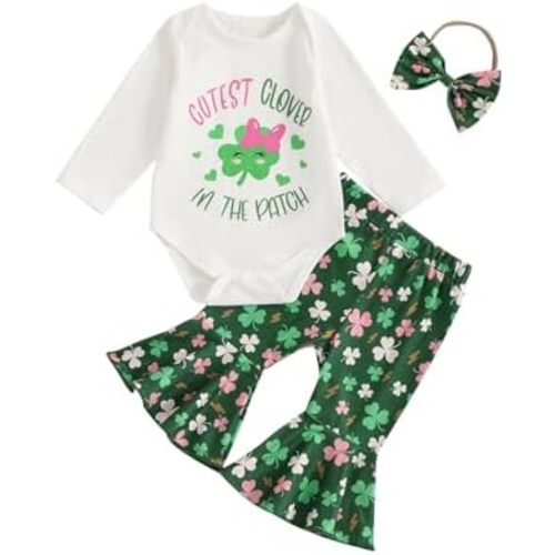 My First St Patrick's Day Baby Girl Outfit Cute Shamrock Romper Flare Long Pants Bow Headband Infant Spring Clothes